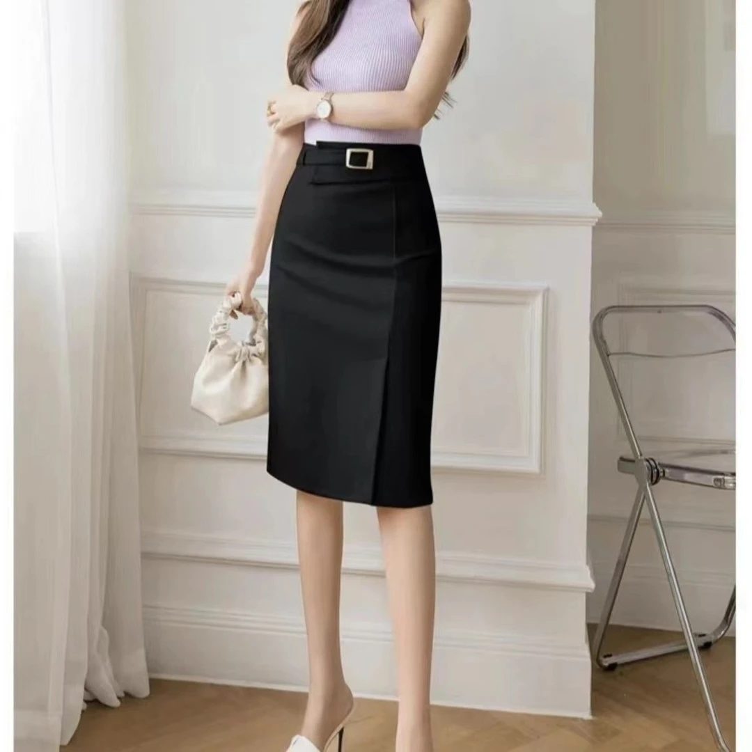 2025春夏新款百搭显瘦A字裙TR一步裙工装裙女士黑色半身裙防走光