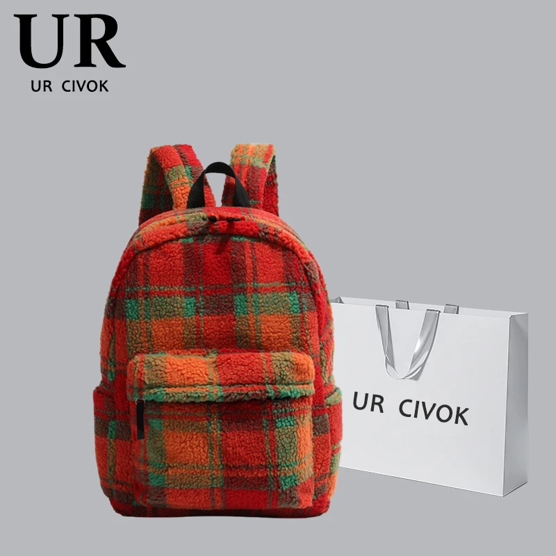 UR CIVOK羊羔毛双肩包2023新款潮时尚学院风背包学生红色格子书包