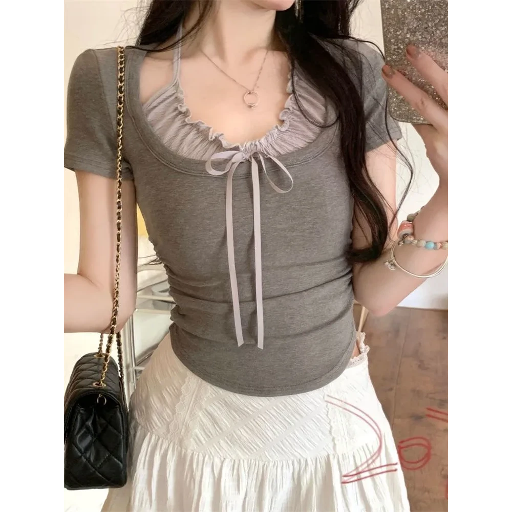 港味chic夏季纯欲辣妹短袖假两件正肩T恤褶皱木耳边挂脖显瘦上衣