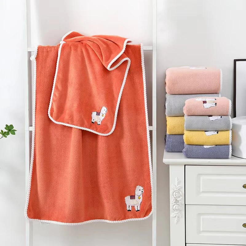 可爱羊驼图案珊瑚绒加厚浴巾毛巾柔软吸水不掉毛家用套巾洗澡