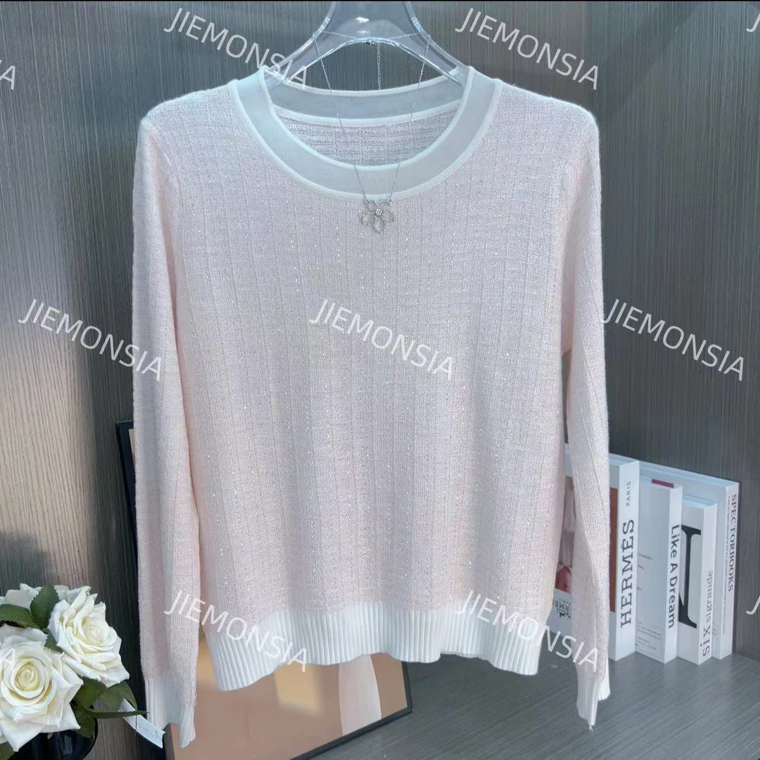 2025春季新款蕾丝镶钻针织衫女圆领打底气质显瘦百搭长袖上衣女