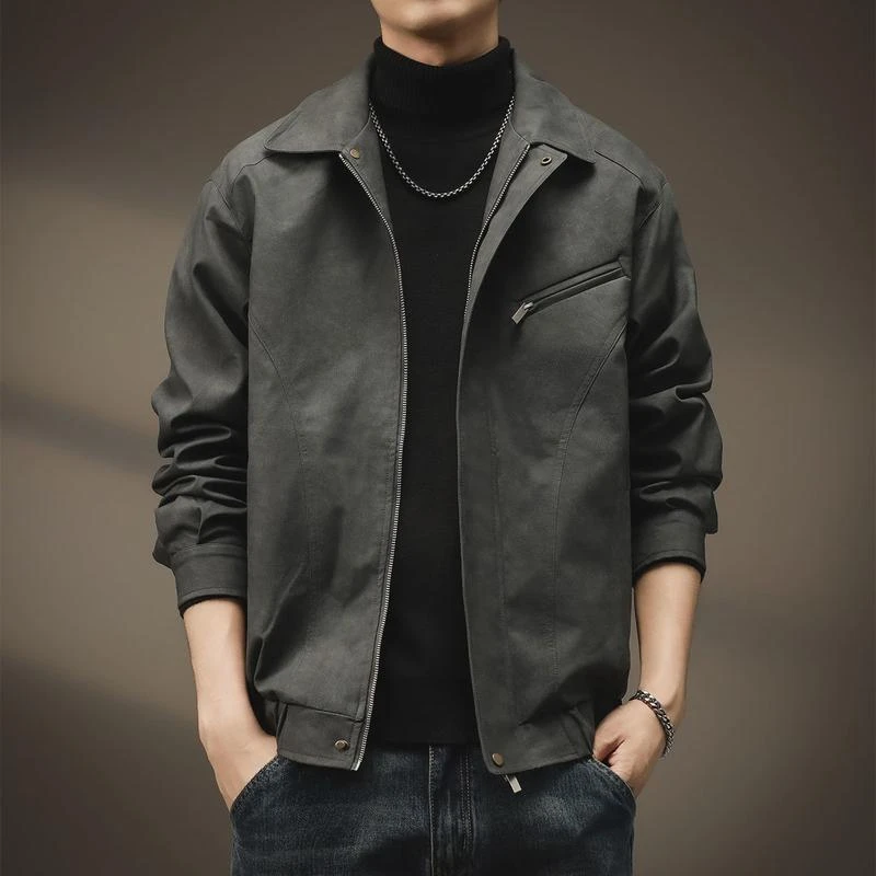 高端复古蜡染美式皮衣夹克男秋季新款机车风宽松大码潮牌翻领外套