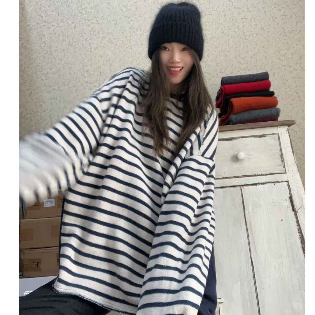 YT推荐 拼蓝条纹加绒宽松卫衣