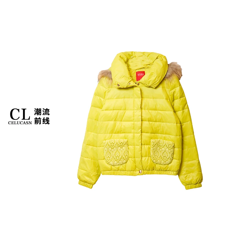 L4WOY0572#柠檬黄色棉服女冬季加厚保暖多巴胺甜美短款翻领棉衣