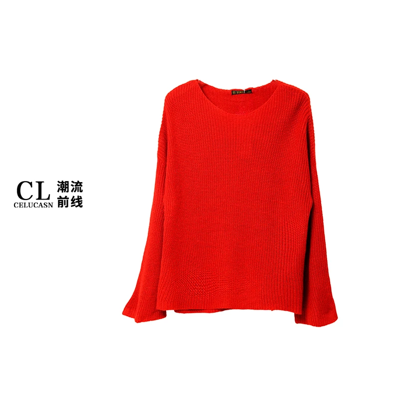 A7QI6894#休闲慵懒风斜露肩松弛感宽松长袖针织衫女