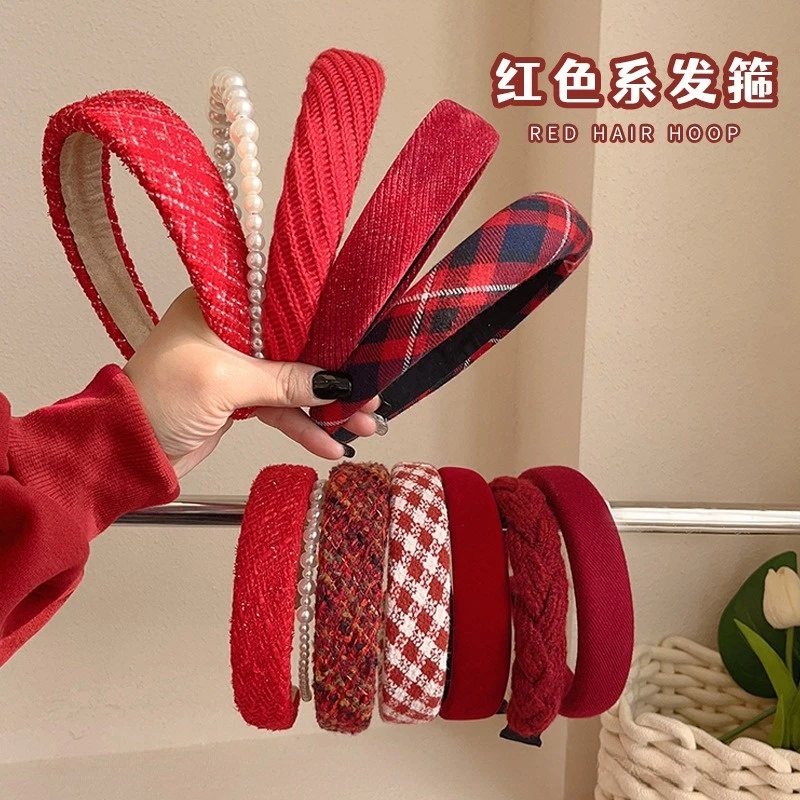 秋冬高颅顶红色丝绒发箍2024年网红新款头箍复古发卡圣诞发捆头饰