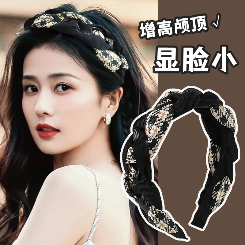 布艺发饰 时尚复古格纹发箍女秋冬外出百搭气质加厚头箍防滑压发