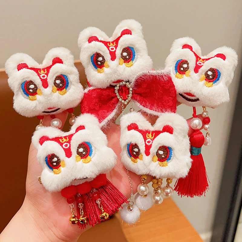 新年发饰儿童发夹女童中国风醒狮毛绒流苏发卡橡皮筋宝宝过年头饰