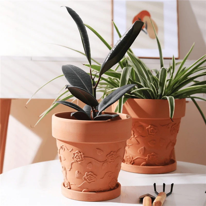 简约浮雕加厚红陶花盆透气透水客厅盆栽绿植园林家居陶瓷陶土盆