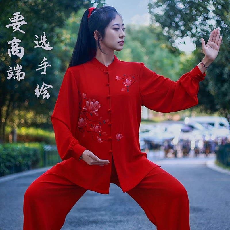 2024手绘太极服女新款高端时尚玉兰花开珍珠弹力麻长袖套装大红色