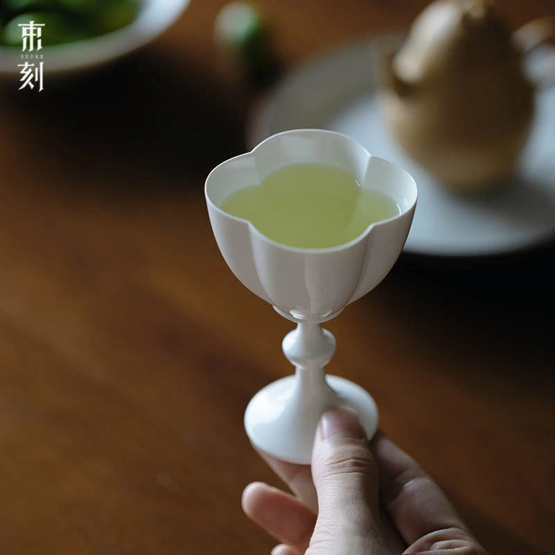 束刻 纸白釉高足花瓣日式主人杯茶杯高脚女神杯素雅纯白单杯手工