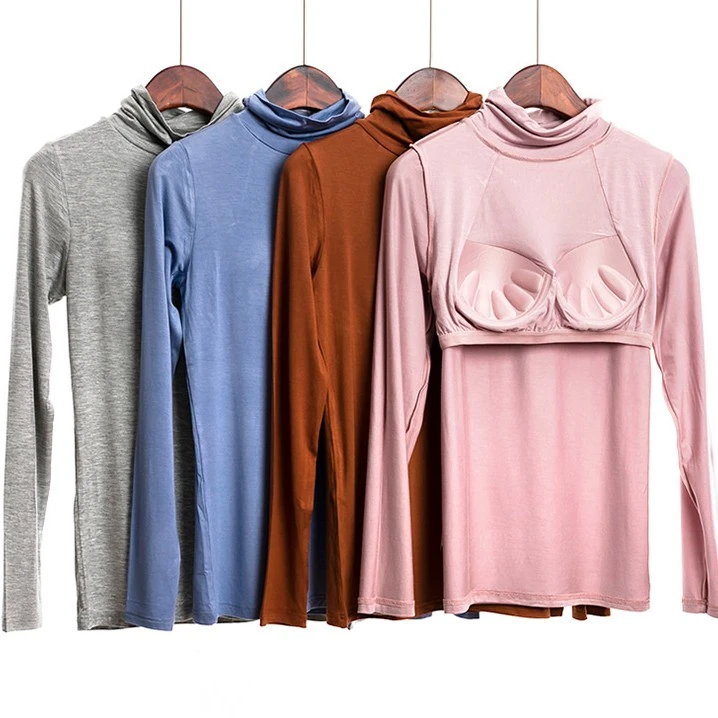 女春秋冬薄款保暖长袖带胸垫免穿内衣修身打底显瘦圆领高领纯色