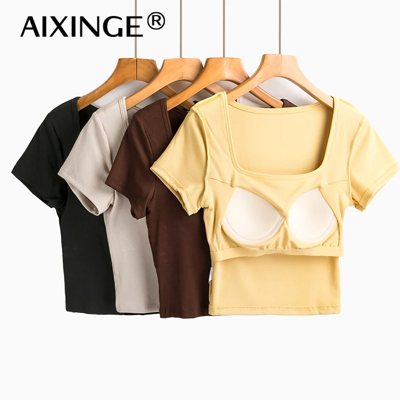 方领高腰露脐短袖T恤短款打底内搭带胸垫瑜伽运动文胸一体上衣766