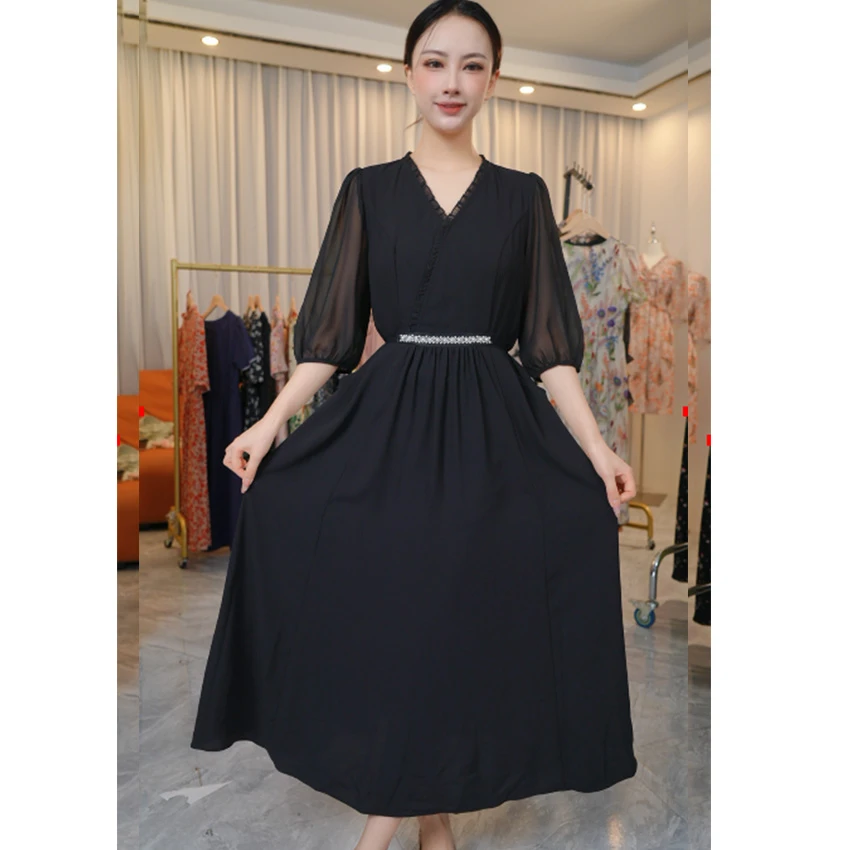 L950黑色夏季赫本风收腰长款优雅大码法式连衣裙时尚拼接连衣裙女