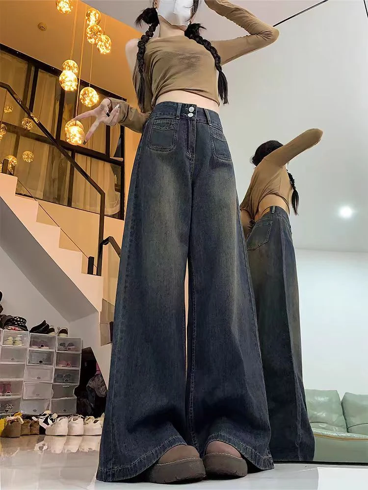 6804春季窄版阔腿牛仔裤高腰直筒拖地裤女【瑕疵款】