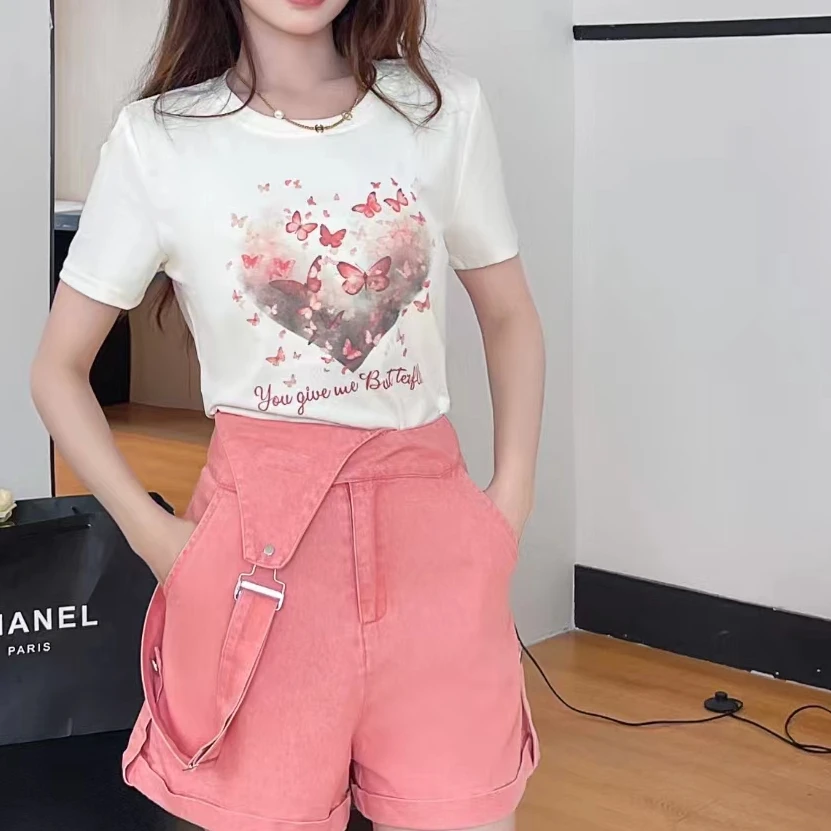 7068蝴蝶爱心印花上衣背带裤时尚套装夏季 宸丽