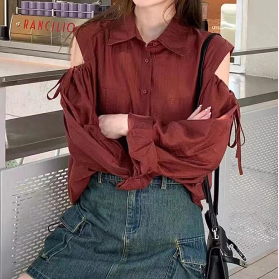 2653露肩时尚衬衫女百搭遮肚显瘦上衣女