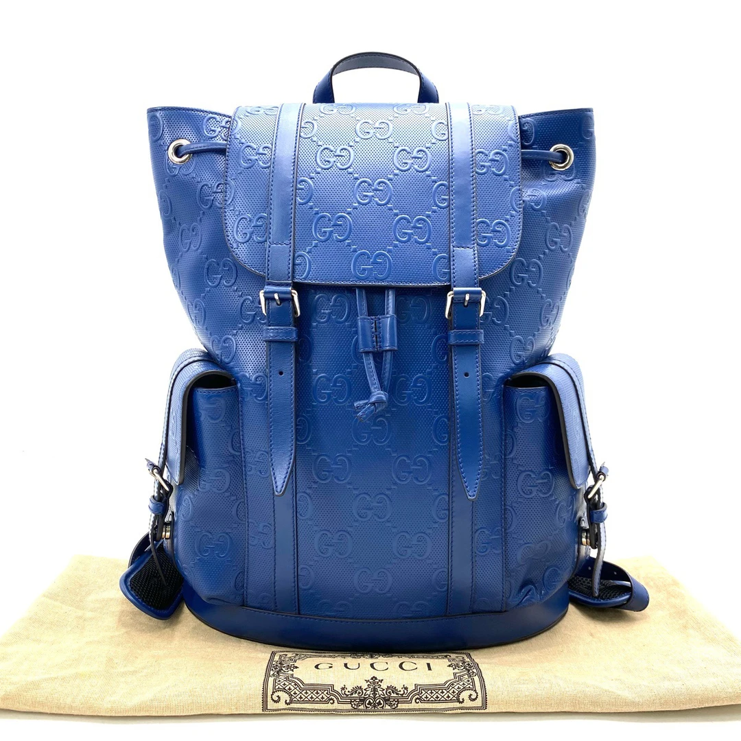 95新 GUCCI/古驰 蓝色全皮浮雕双肩包 尺寸34/43双肩背 中号 男士