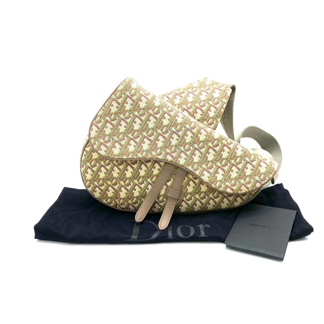 99新 DIOR/迪奥 经典老花帆布满印图案刺绣马鞍胸包 尺26/20 单肩