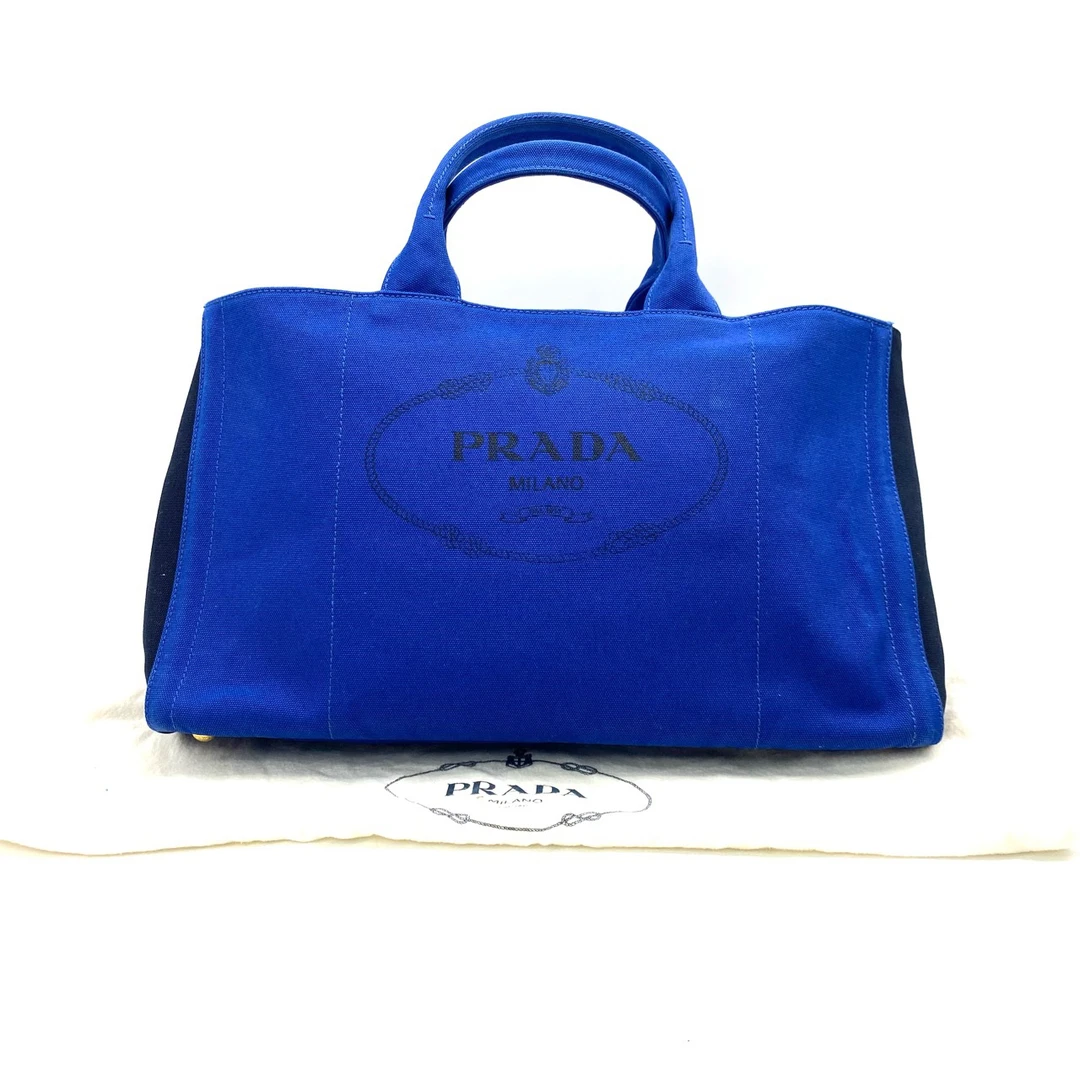 99新 Prada/普拉达 时尚休闲运动简约帆布蓝黑拼色手提包 尺44/27