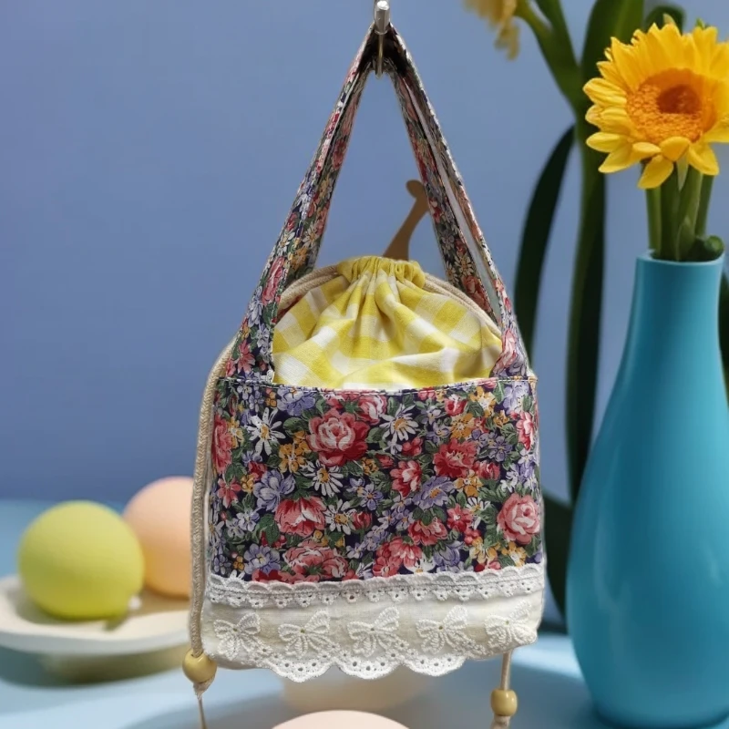 手工田园风碎花蕾丝抽绳女士手提包休闲民族风时尚简约百搭手拎包