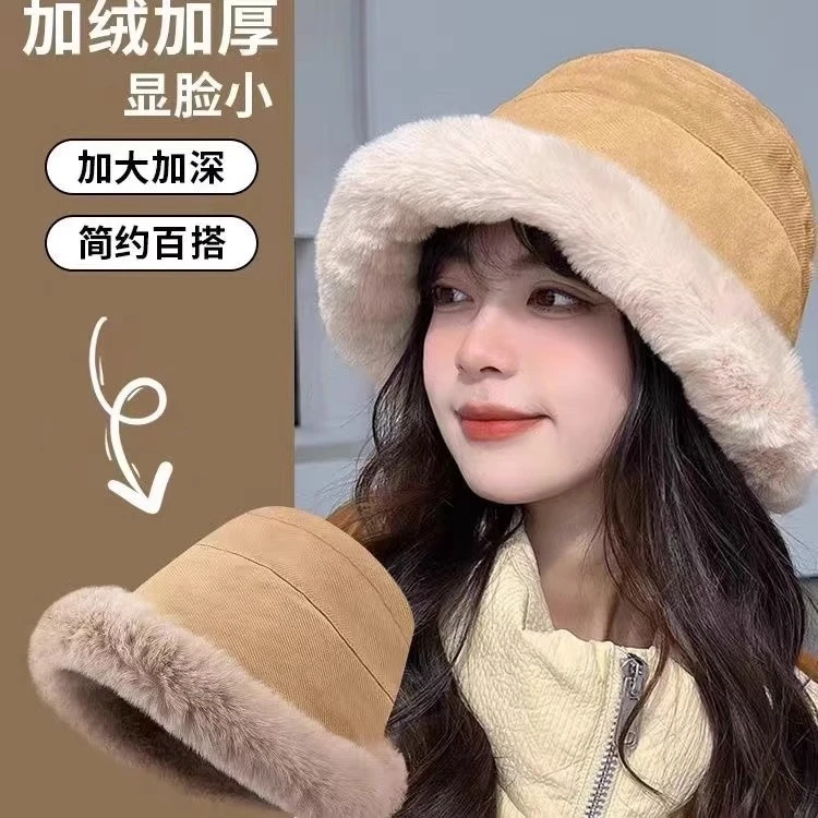 蒙古帽秋冬保暖时尚盆帽百搭仿麂皮加绒仿羊羔毛加厚渔夫帽女防寒