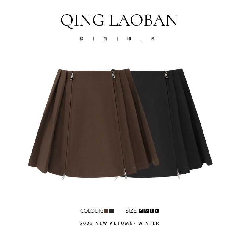 晴老板【小众侧拉】热力感穿搭 美式复古A字百褶半身短裤裙QD8556