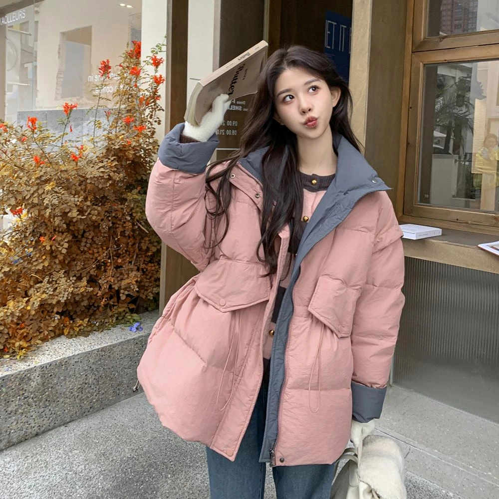 奶乎乎粉色收腰羽绒服女冬2025新款小个子面包服森系学院风爆款