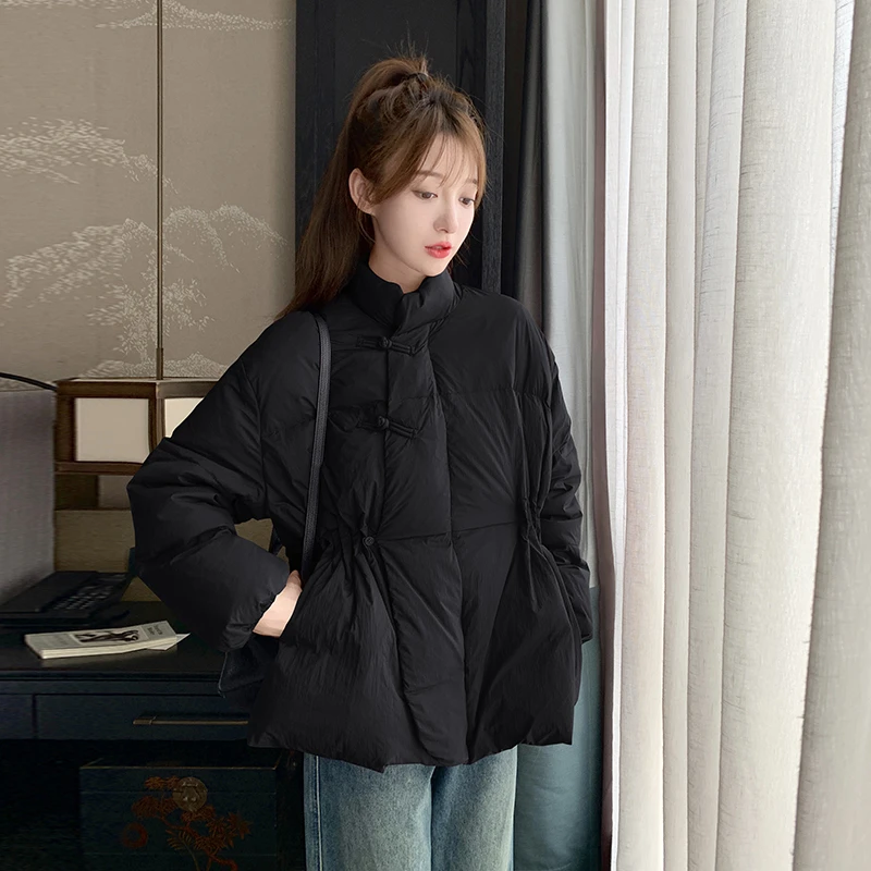 黑色白鸭绒短款羽绒服女2025冬季新款新中式盘扣加厚小个子面包服