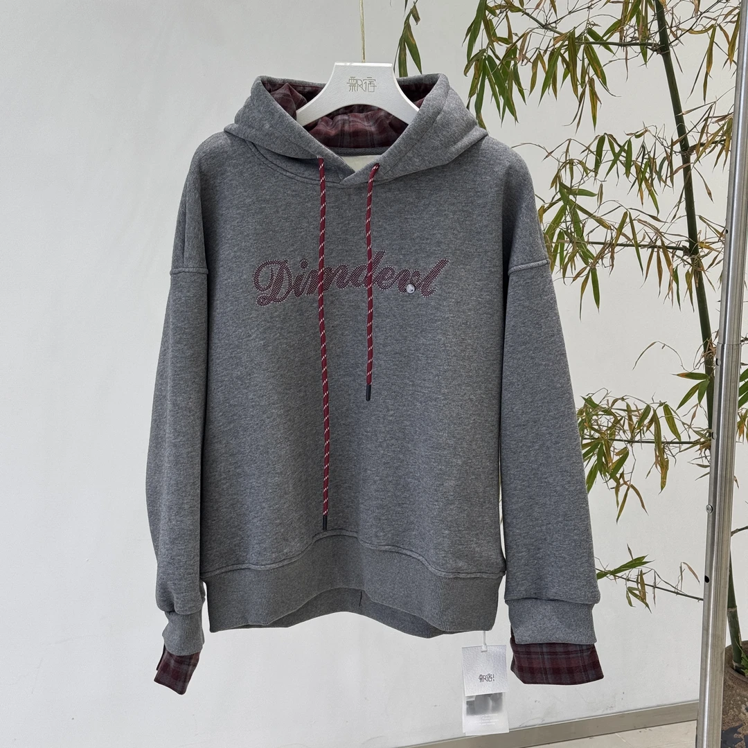 【飘宿】秋冬新款加绒卫衣时尚休闲百搭连帽格子拼接个性4110202