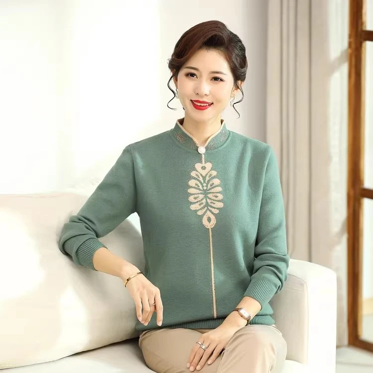 中年妈妈装旗袍领一体绒秋冬加绒加厚毛衣一件过冬宽松保暖上衣