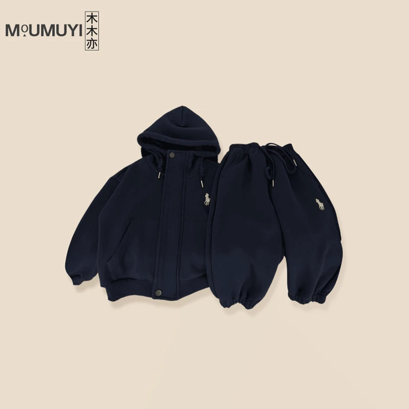 冬季新款儿童加绒套装2024男童新款加绒卫衣卫裤两件套洋气刺绣装