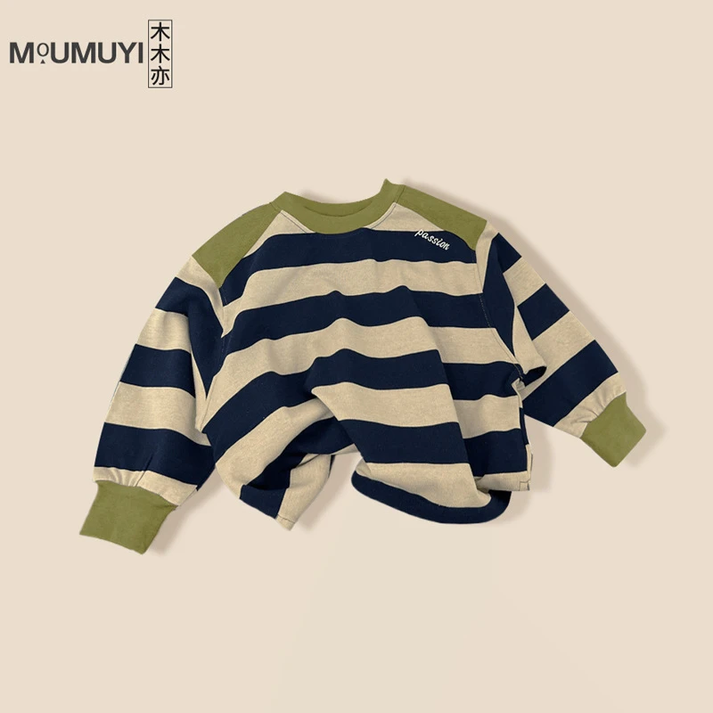 儿童2024冬季新款拼色长袖上衣加绒男童宝宝洋气炸街棉质条纹卫衣