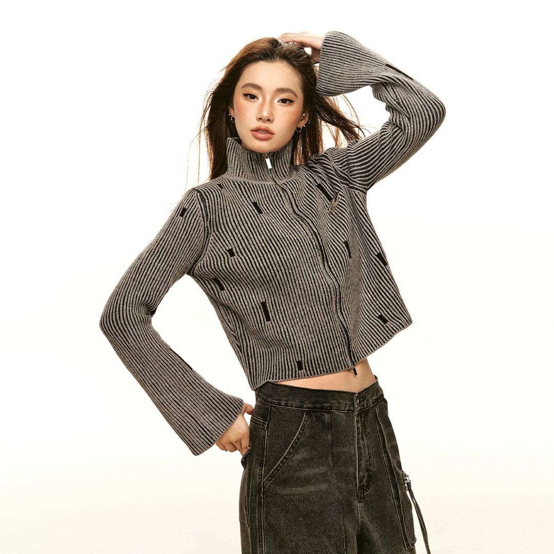 JC5J01A3621003美式复古立领喇叭长袖针织衫女装秋双拉链显