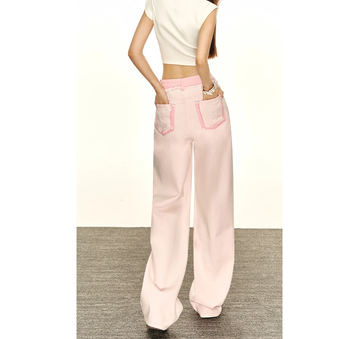 J02A3231005粉色深浅撞色宽松百搭高腰牛仔裤春秋直筒阔腿长裤