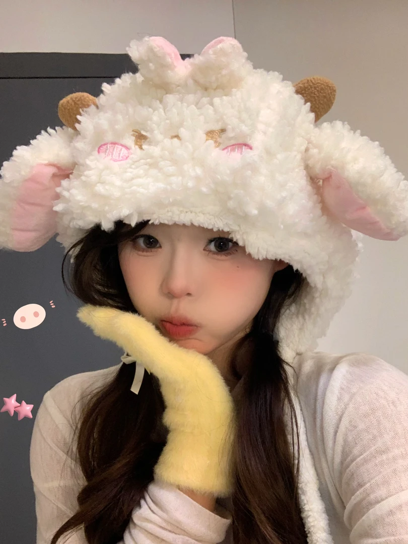 可爱小羊帽保暖帽网红百搭学生加绒毛绒帽子冬天卡通ins日系加厚