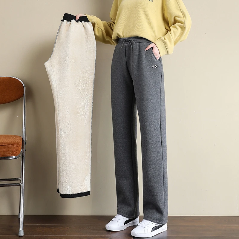 羊羔绒裤子女秋冬加绒加厚运动裤直筒卫裤休闲外穿棉裤2024新款