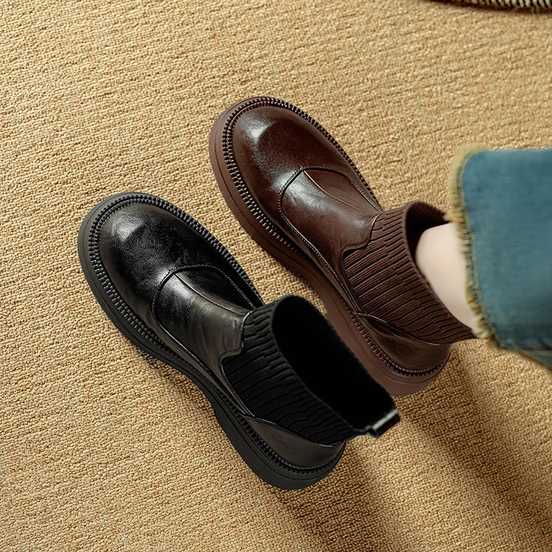 里外全皮厚底休闲小短靴毛线弹筒瘦瘦靴一脚蹬羊皮冬季加绒马丁靴