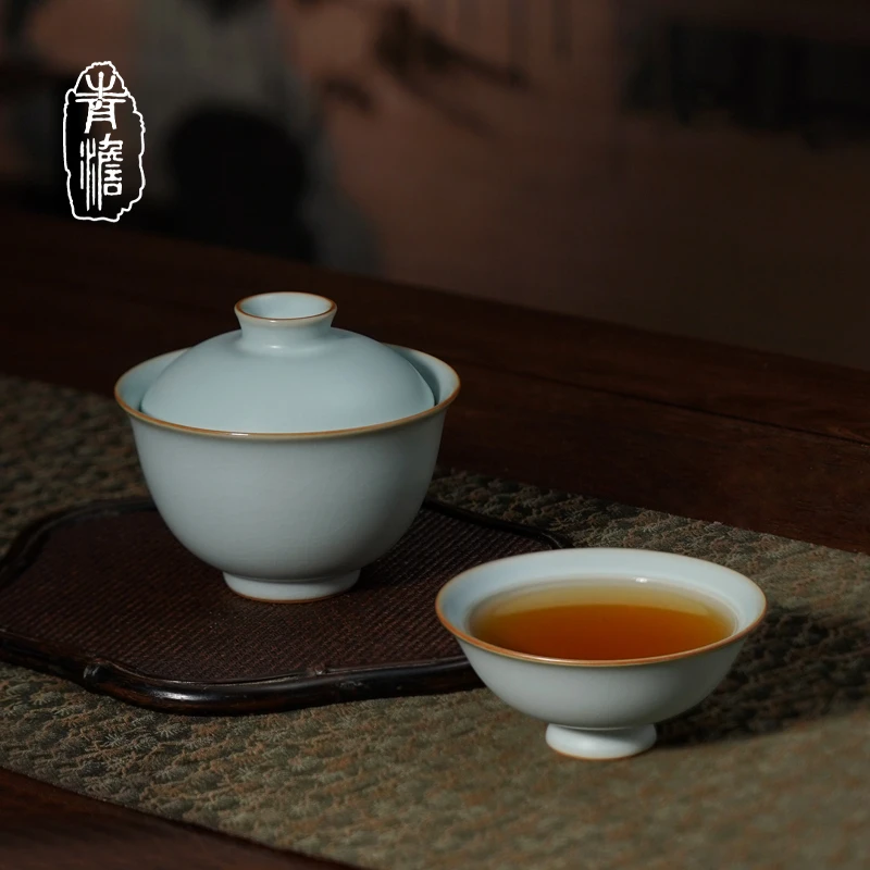 汝窑沐春拂影盖碗茶组 景德镇手工复古功夫茶具陶瓷天青色汝瓷