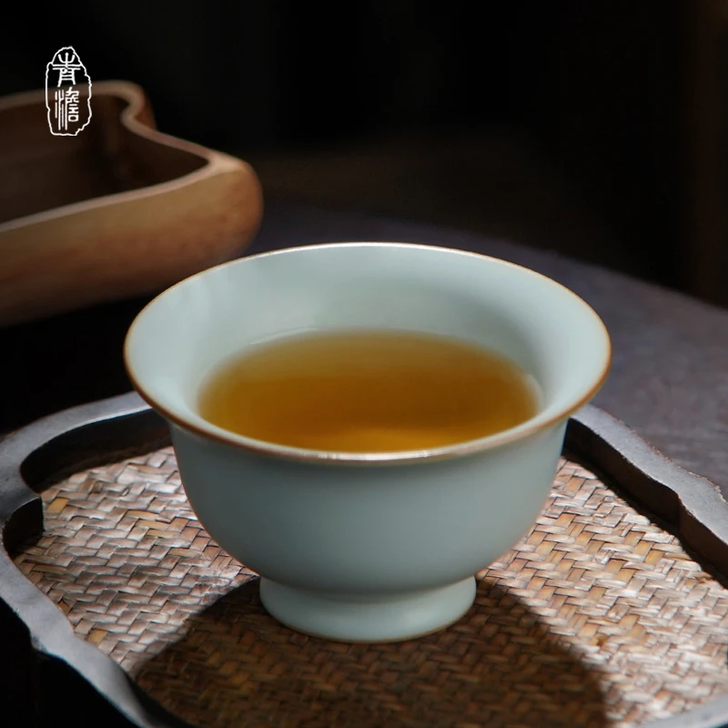 汝窑舒怀杯130ml 景德镇复古陶瓷压手杯 手工品茗杯 汝瓷主人杯