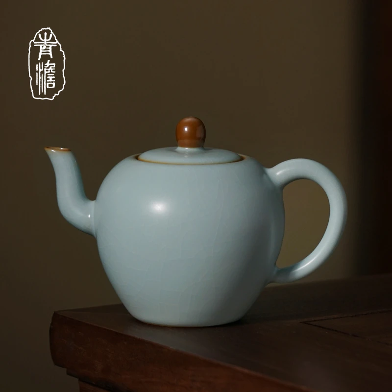 汝窑美人肩景德镇茶壶陶瓷单壶禅机茶壶开片可养中式仿古汝瓷青瓷