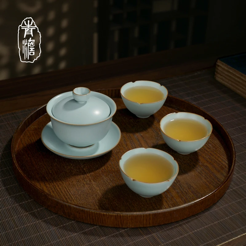 青澹汝窑随缘小套装 景德镇三才盖碗茶具套装家用复古手工汝瓷