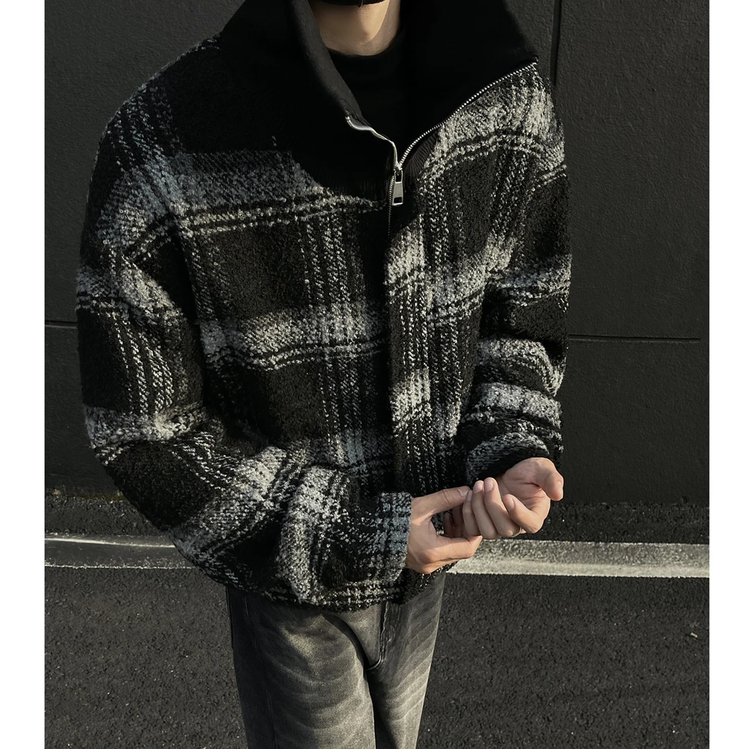 冬季粗纺格子高领外套男美式复古街头潮牌高级感痞帅棒球服夹克