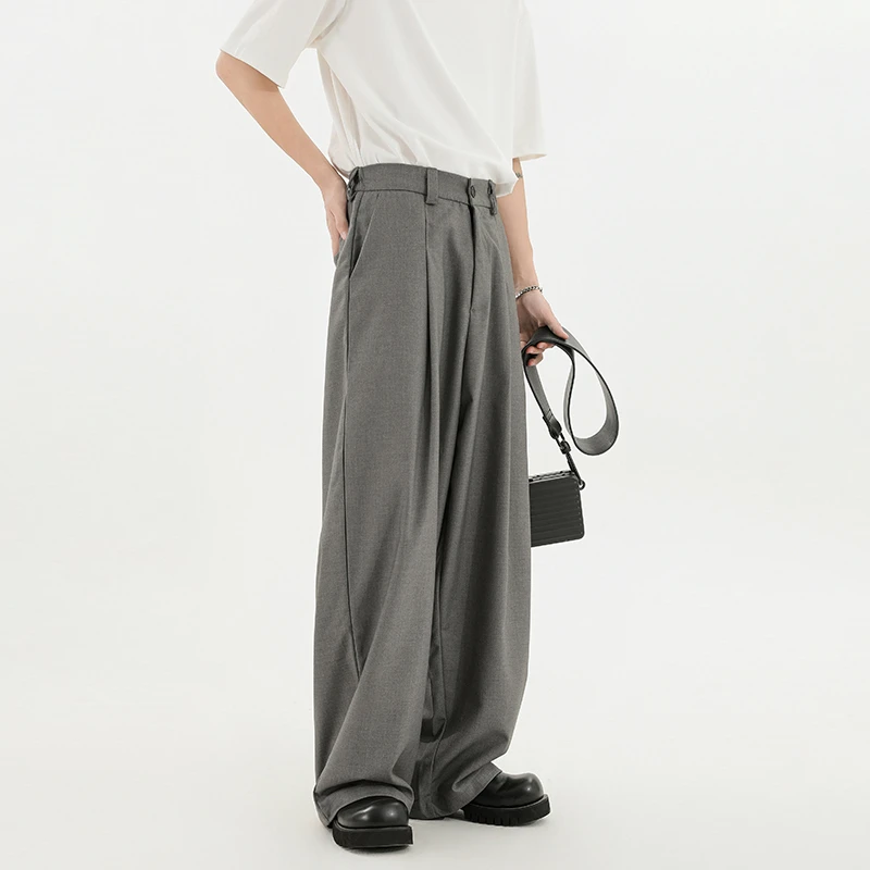 美式纯色垂感皱褶西裤男秋季简约休闲裤宽松直筒情侣西装长裤