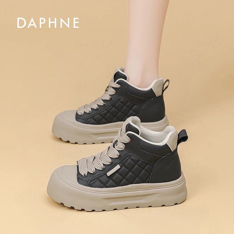 Daphne/达芙妮厚底潮鞋女士2025秋冬新款加绒系带高帮保暖高帮鞋