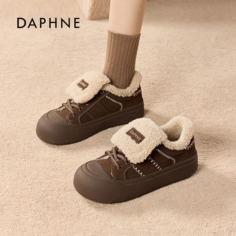 达芙妮品牌女鞋加绒保暖板鞋时尚百搭系带平底运动休闲阿甘鞋
