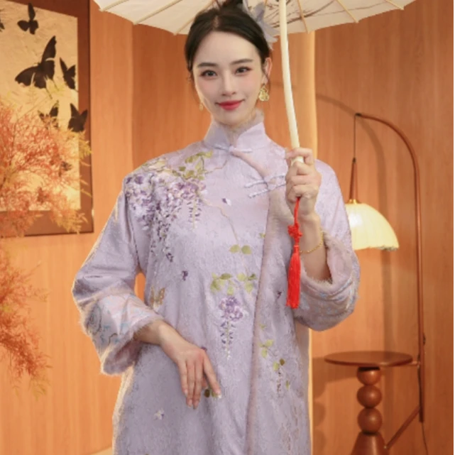 【紫藤兰心】毛领新中式老钱风重工加棉连衣裙大衣2024c9958程程