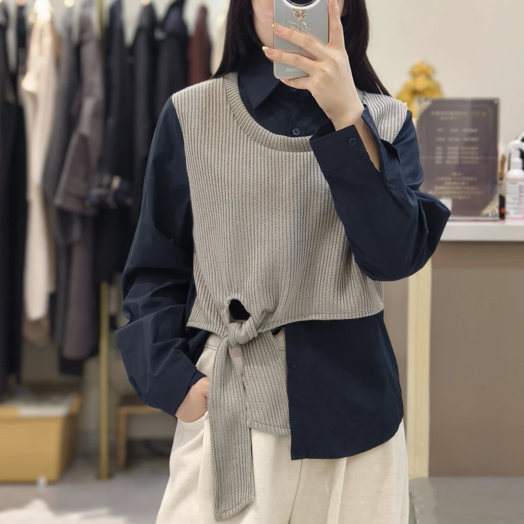 实体店  gu品假两件针织马甲衬衫秋款显瘦遮肚子收腰系带上衣百搭