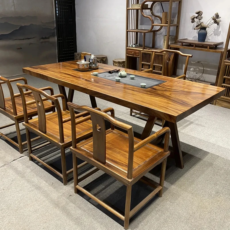 原木整块无拼接实木大板桌泡茶桌工艺茶桌镶嵌款式