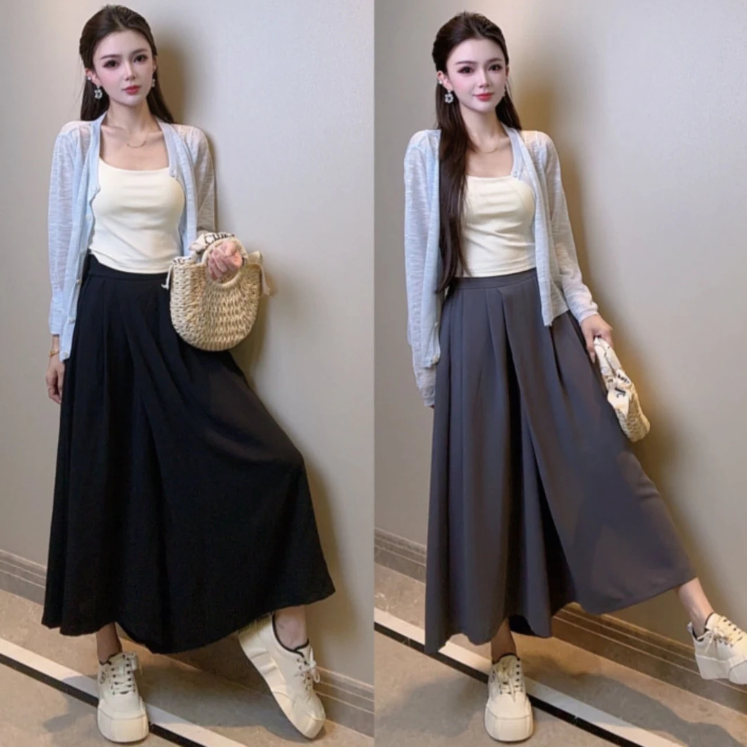 冰感丝薄款叠搭式设计感夏季新款黑色女显瘦大码阔腿裤中长款大码